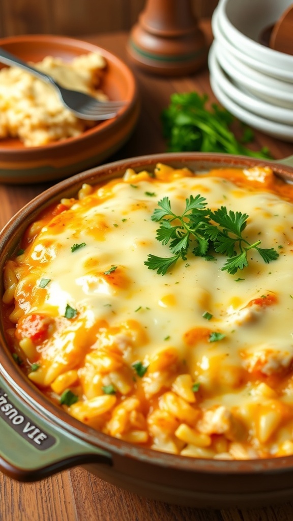 Cheesy chicken and rice casserole in a baking dish, garnished with parsley, on a wooden table.